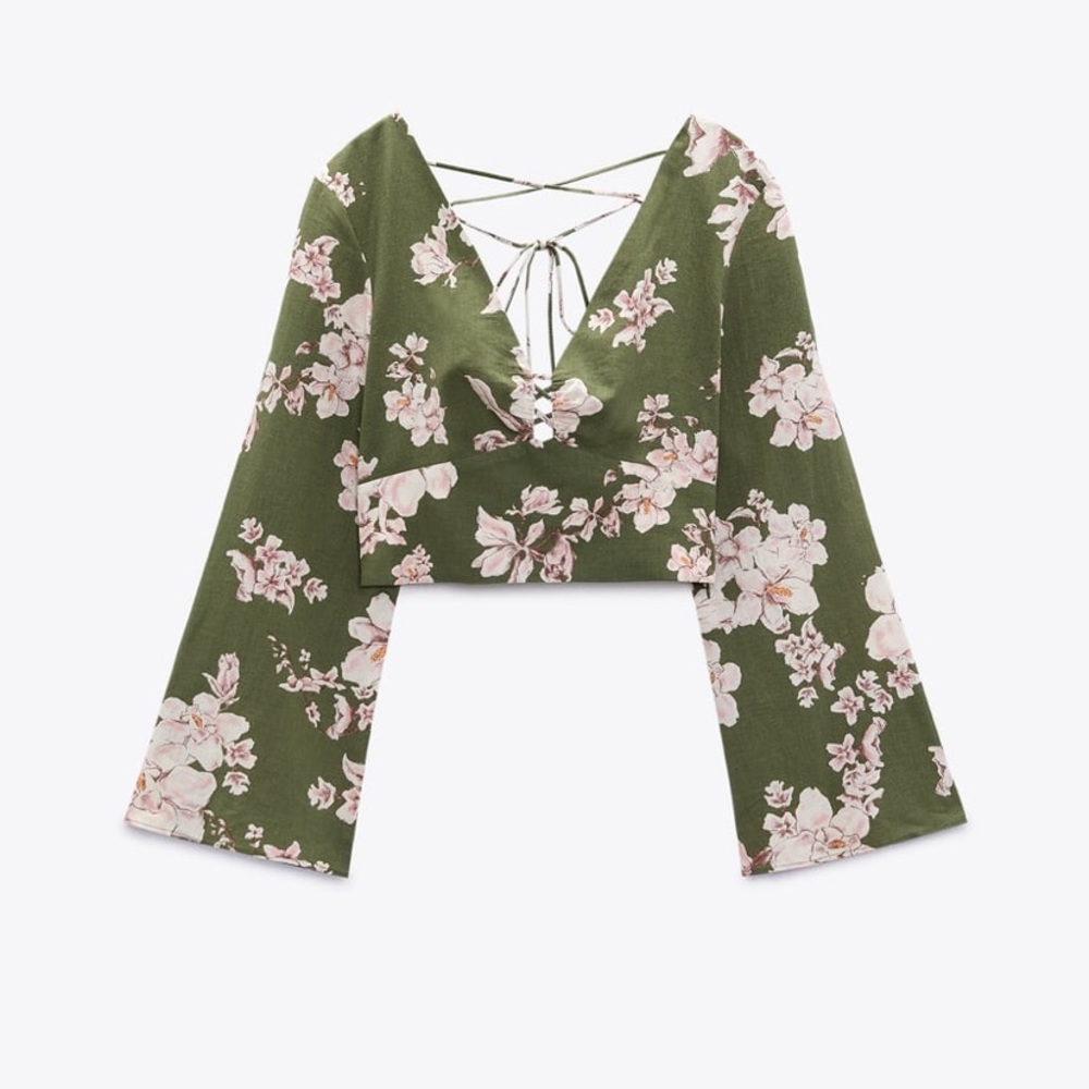 Zara PRINTED LINEN BLEND CROPPED TOP